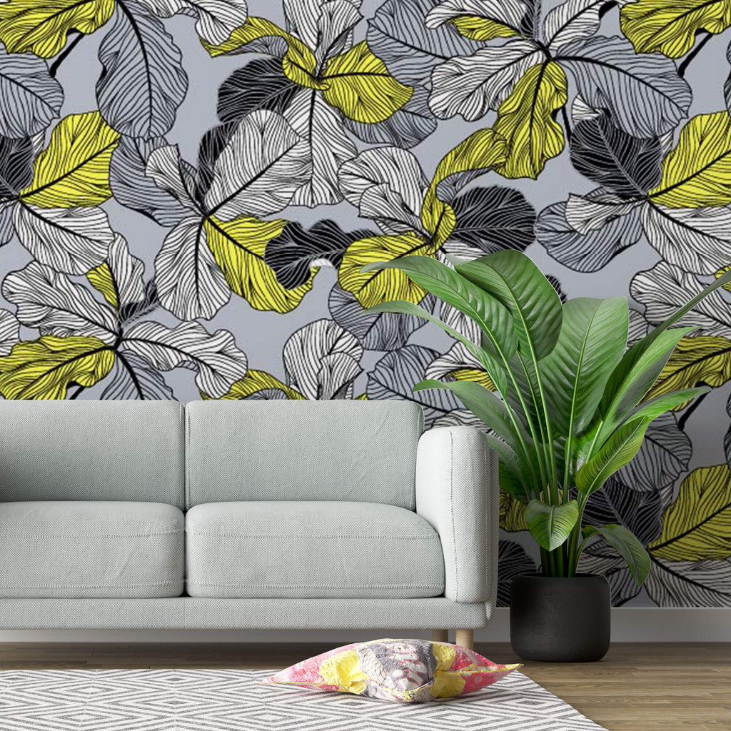 Tapet Personalizat Leaf cu frunze in nuante de gri si accente galbene - YELLOW ACCENT LEAF