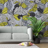 Tapet Personalizat Leaf cu frunze in nuante de gri si accente galbene - YELLOW ACCENT LEAF