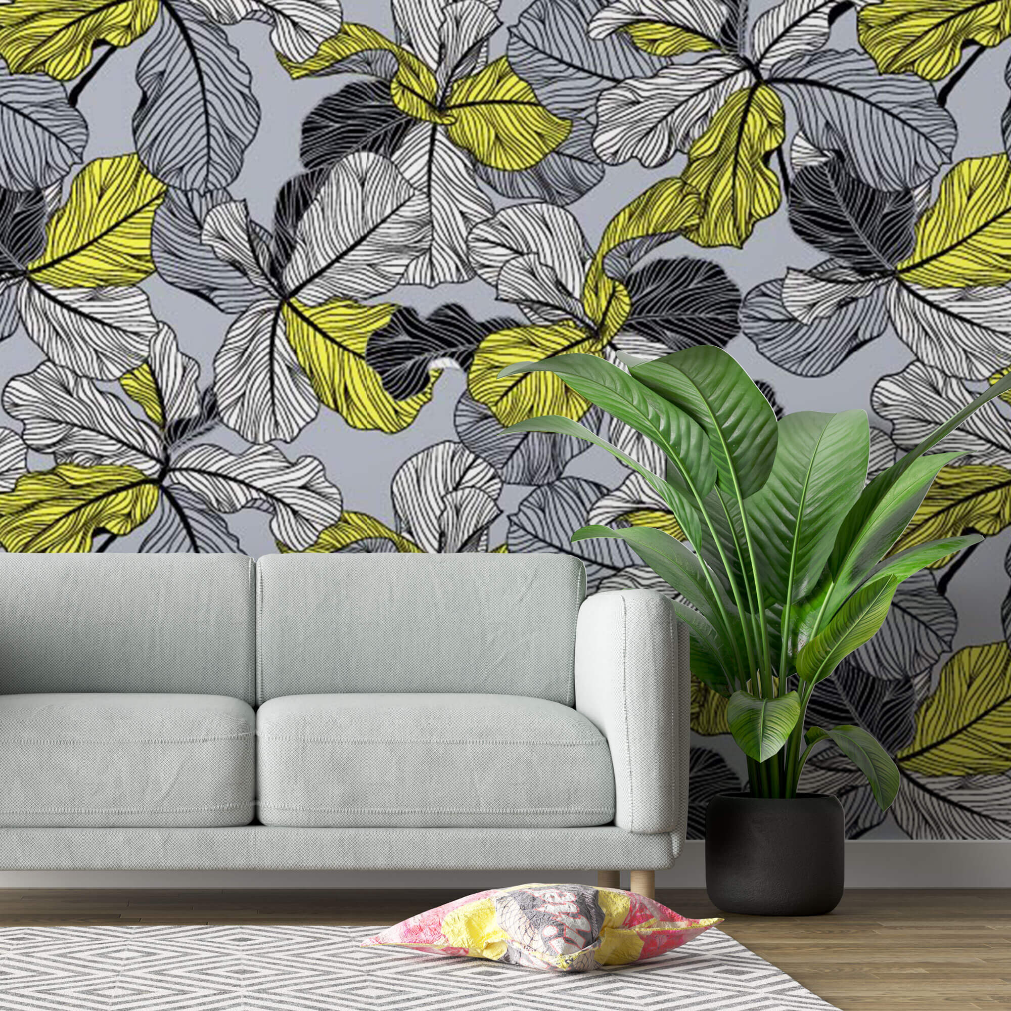 Tapet Personalizat Leaf cu frunze in nuante de gri si accente galbene - YELLOW ACCENT LEAF