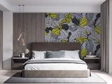 Tapet Personalizat Leaf cu frunze in nuante de gri si accente galbene - YELLOW ACCENT LEAF