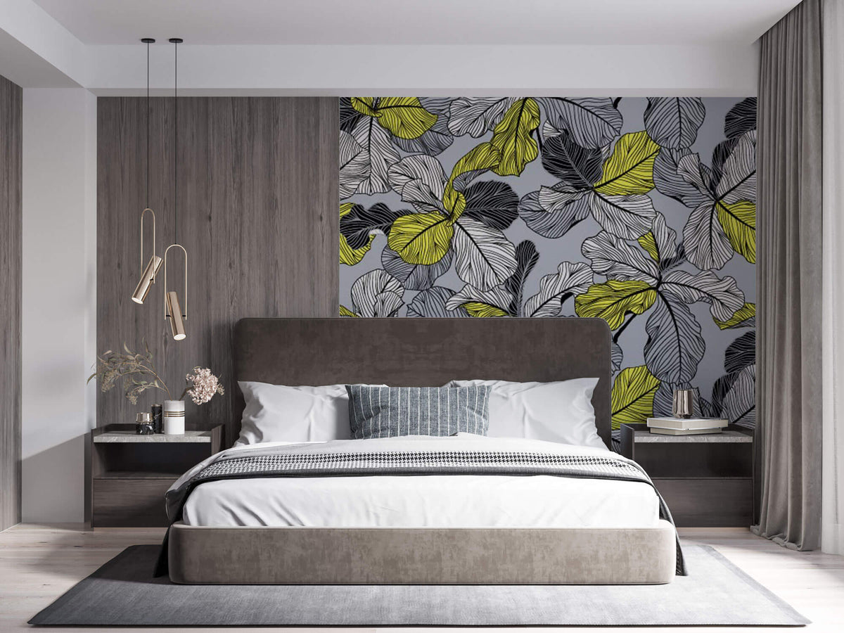 Tapet Personalizat Leaf cu frunze in nuante de gri si accente galbene - YELLOW ACCENT LEAF