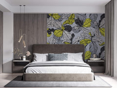 Tapet Personalizat Leaf cu frunze in nuante de gri si accente galbene - YELLOW ACCENT LEAF
