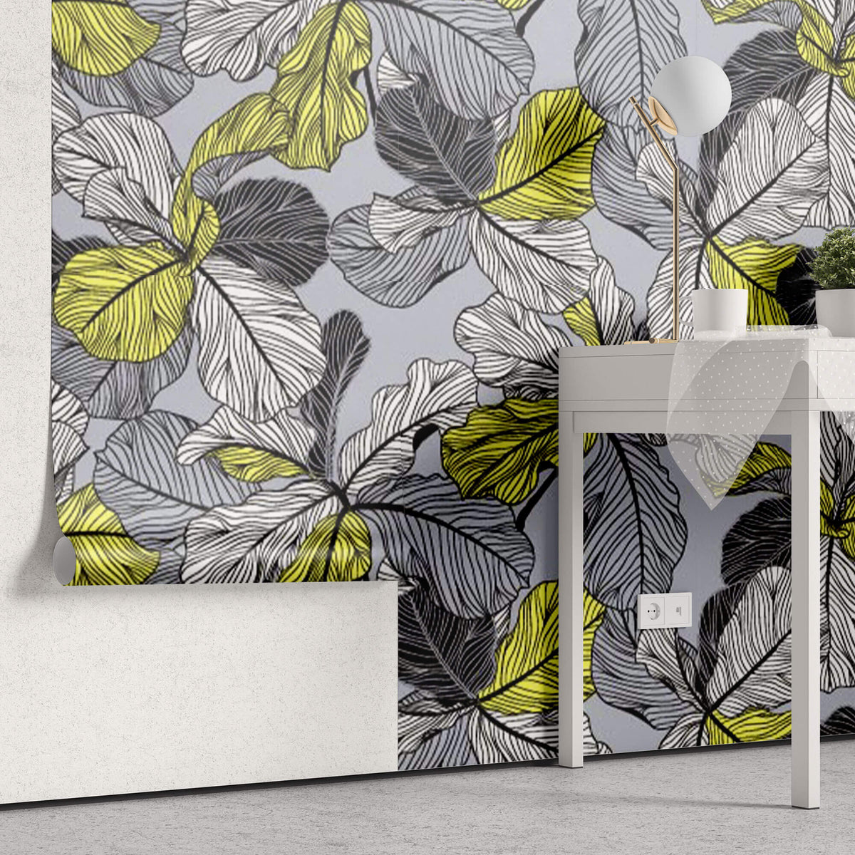 Tapet Personalizat Leaf cu frunze in nuante de gri si accente galbene - YELLOW ACCENT LEAF