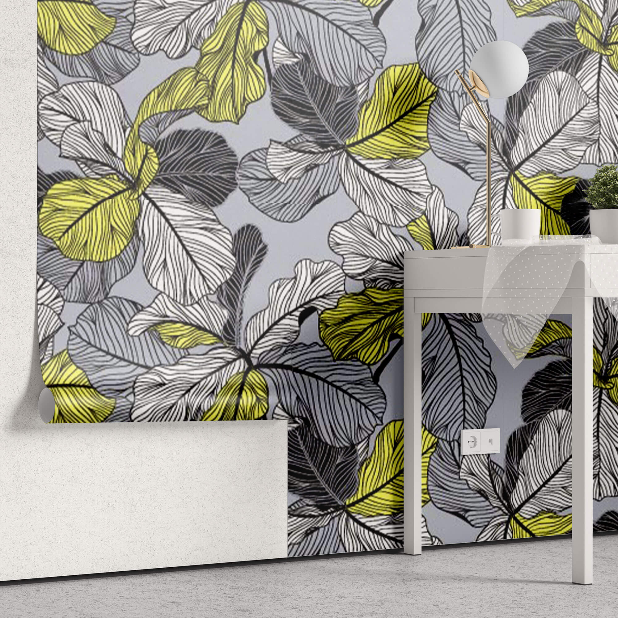 Tapet Personalizat Leaf cu frunze in nuante de gri si accente galbene - YELLOW ACCENT LEAF