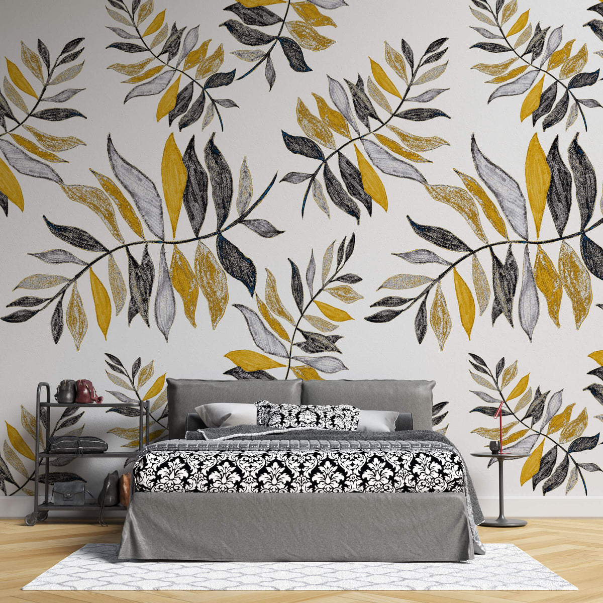 Tapet Personalizat Leaf cu frunze galbene si gri - CRAYON YELLOW LEAVES