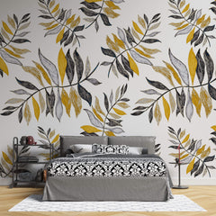 Tapet Personalizat Leaf cu frunze galbene si gri - CRAYON YELLOW LEAVES