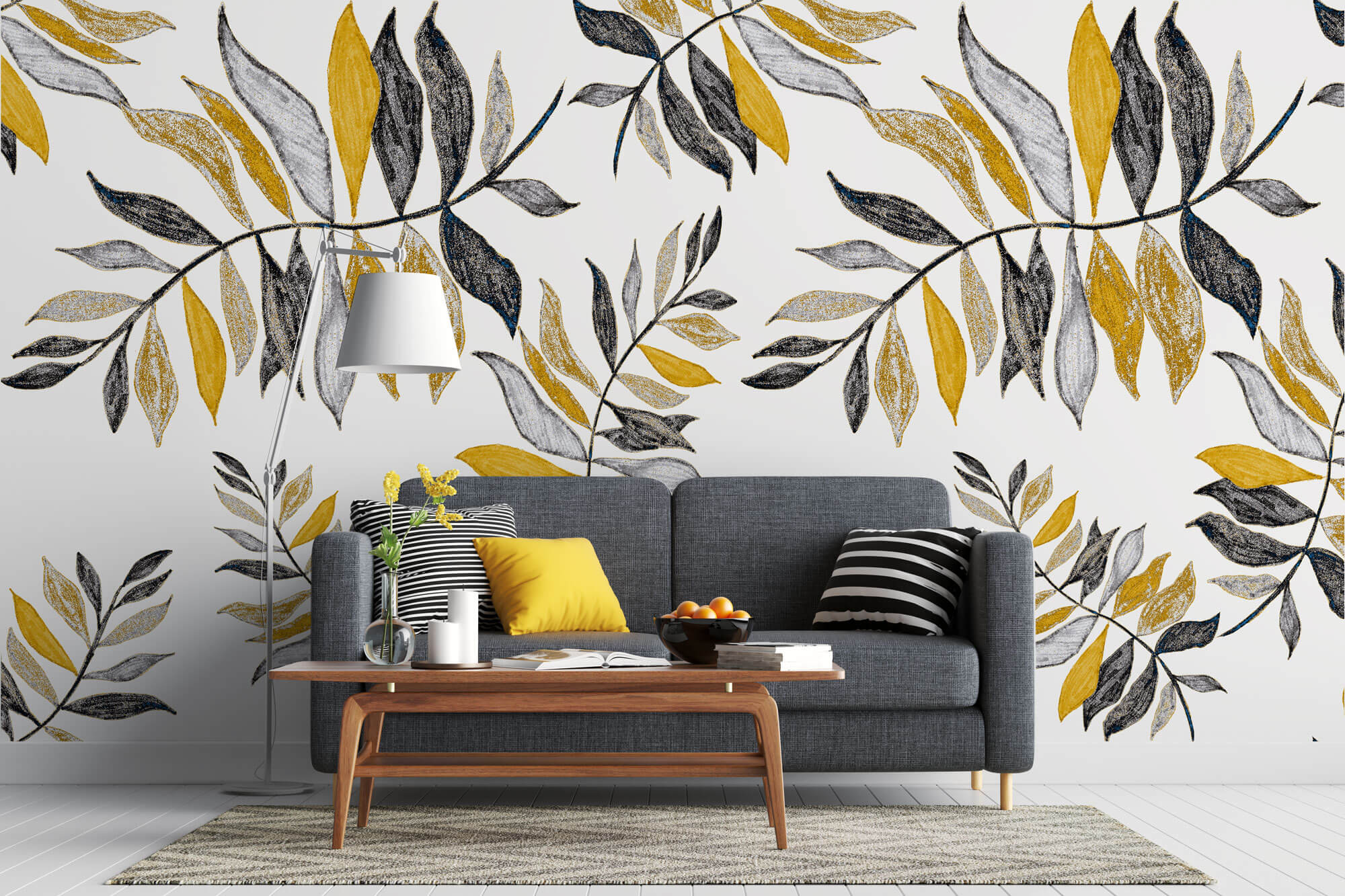 Tapet Personalizat Leaf cu frunze galbene si gri - CRAYON YELLOW LEAVES