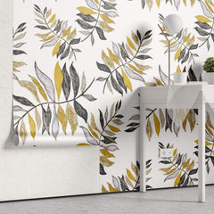 Tapet Personalizat Leaf cu frunze galbene si gri - CRAYON YELLOW LEAVES