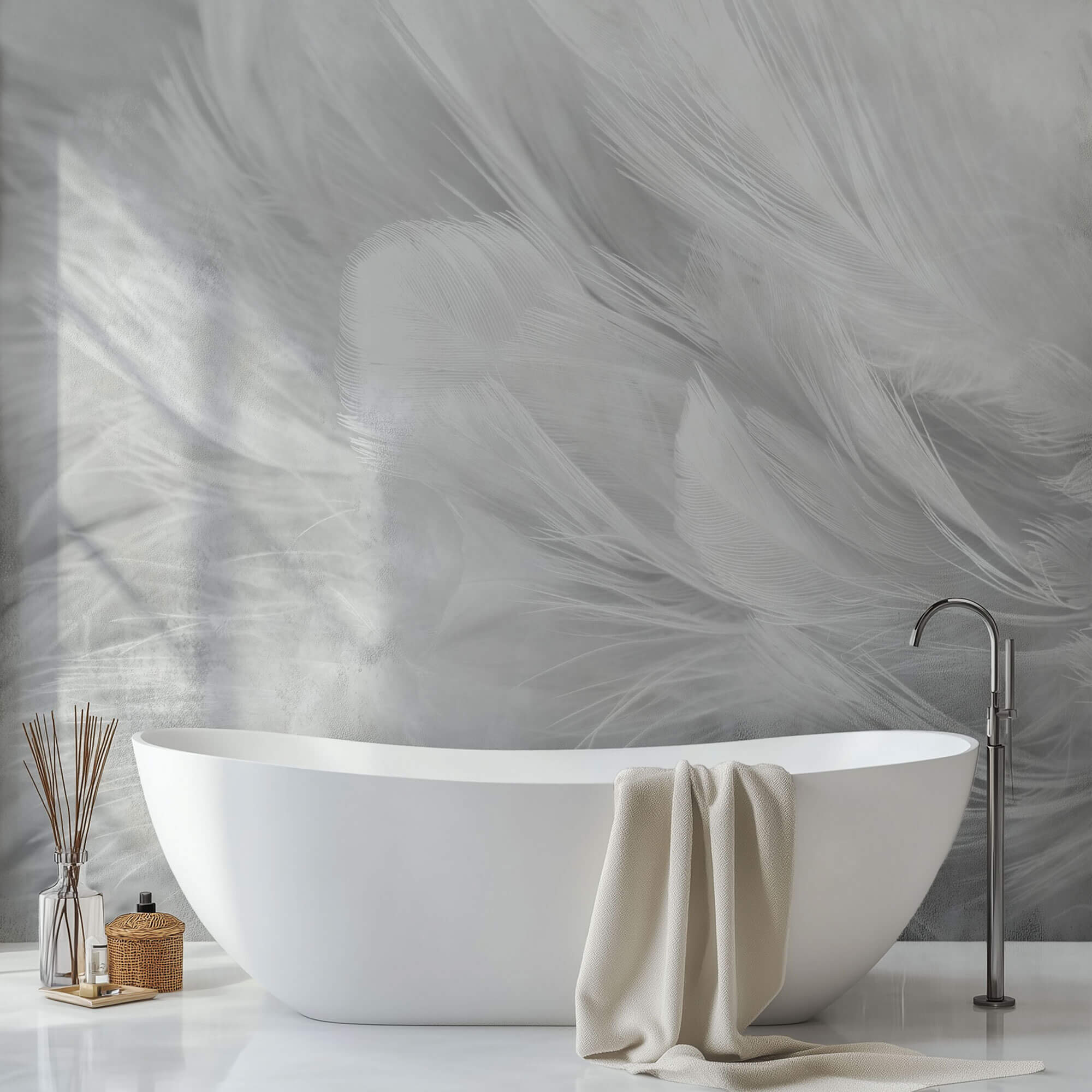 Tapet Personalizat Leaf cu pene albe si gri - SOFT WHITE FEATHERS