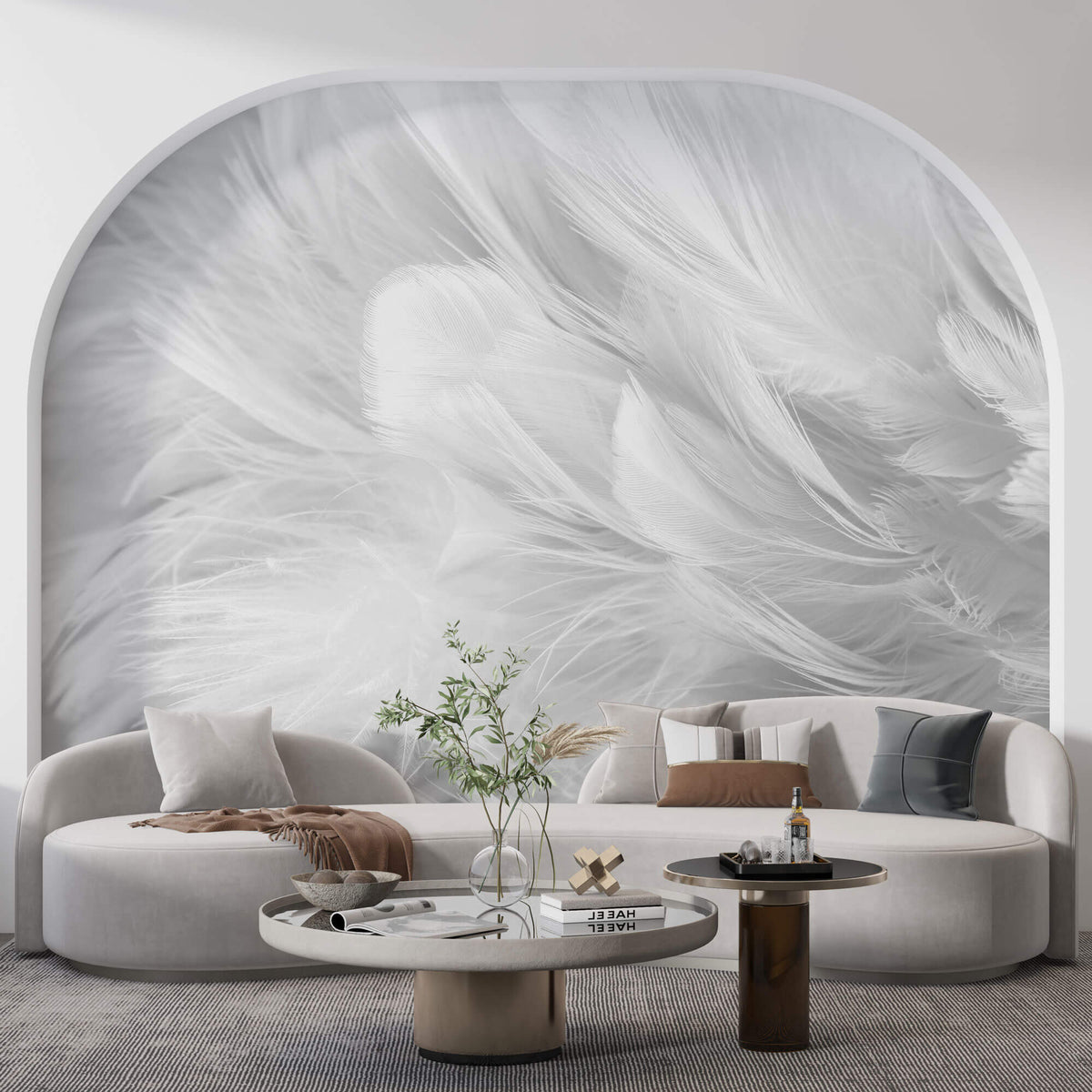 Tapet Personalizat Leaf cu pene albe si gri - SOFT WHITE FEATHERS