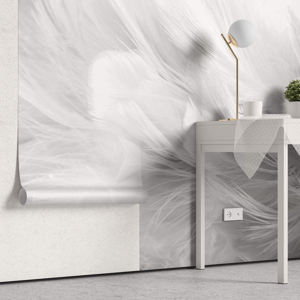 Tapet Personalizat Leaf cu pene albe si gri - SOFT WHITE FEATHERS