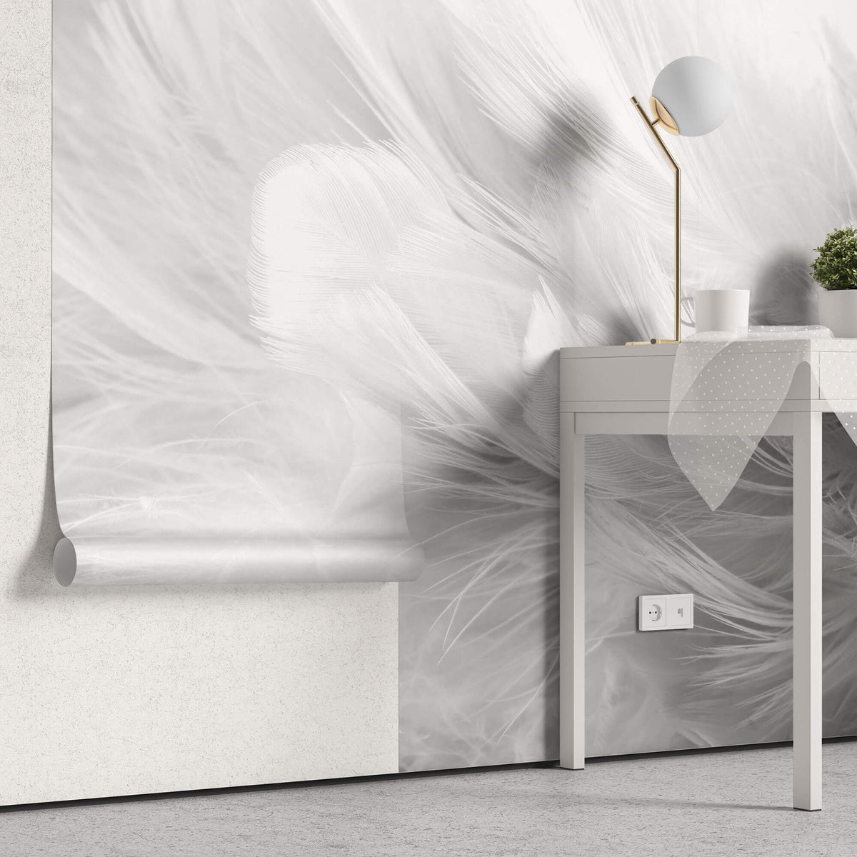 Tapet Personalizat Leaf cu pene albe si gri - SOFT WHITE FEATHERS