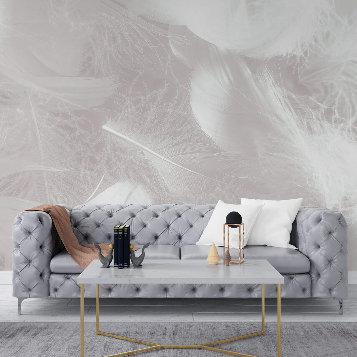 Tapet Personalizat Leaf cu pene in nuante de gri - LIGHT GREY FEATHERS