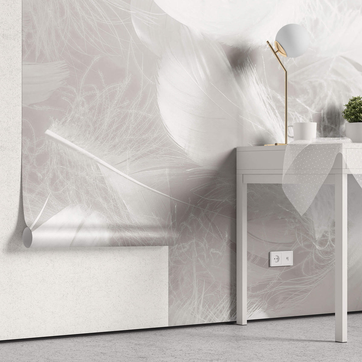 Tapet Personalizat Leaf cu pene in nuante de gri - LIGHT GREY FEATHERS