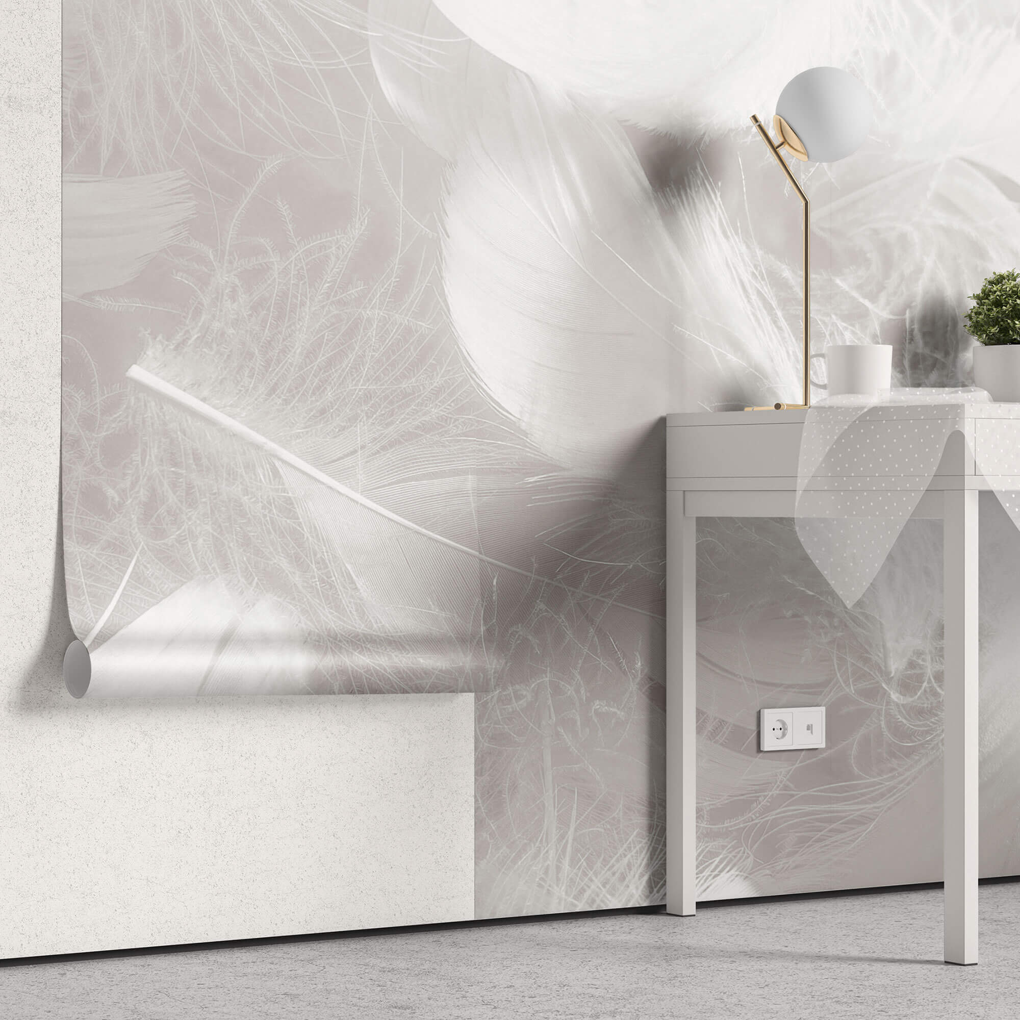 Tapet Personalizat Leaf cu pene in nuante de gri - LIGHT GREY FEATHERS