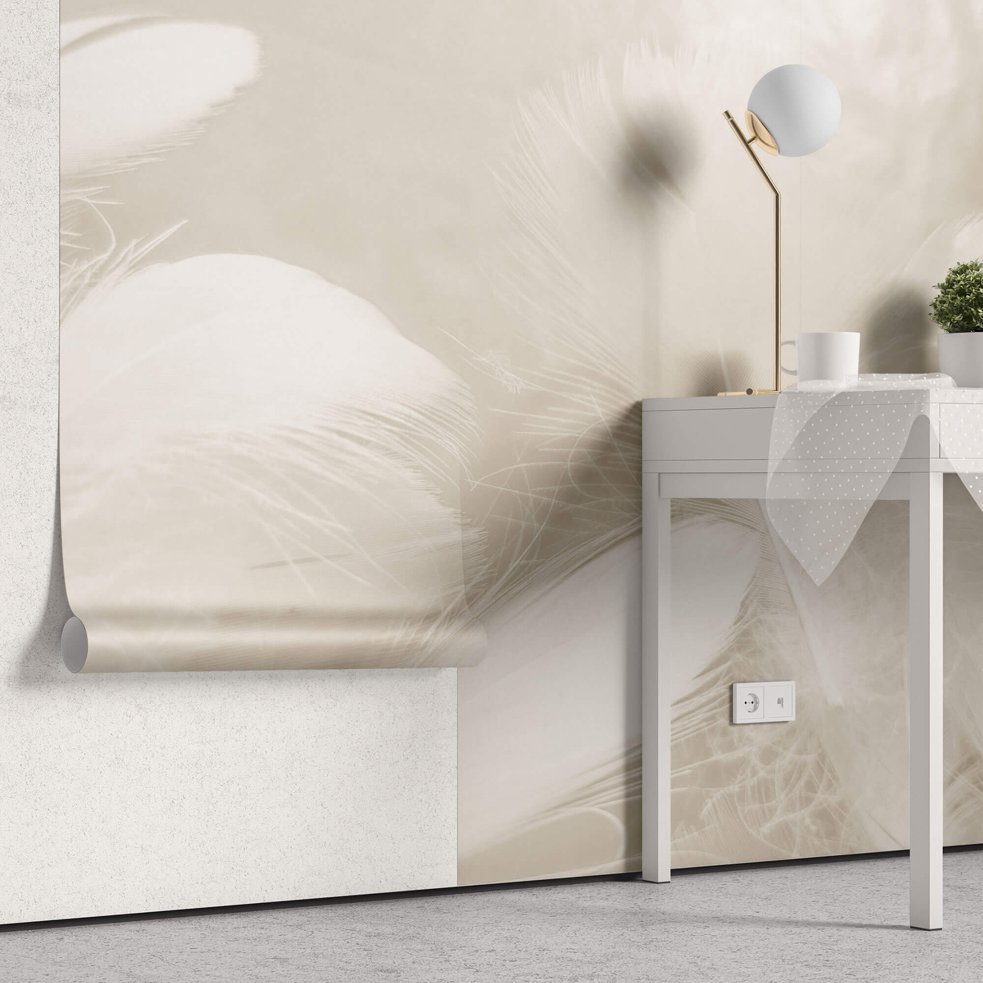 Tapet Personalizat Leaf cu pene in nuante crem si bej - LIGHT BEIGE FEATHERS