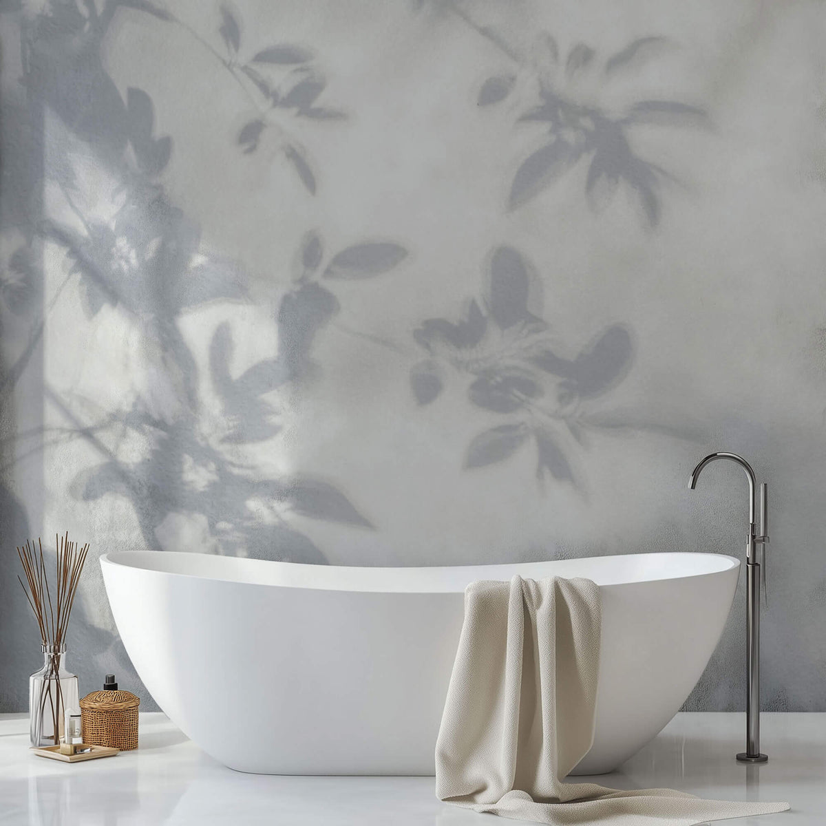Tapet Personalizat Leaf cu umbre de frunze pe perete alb texturat - LEAFY SILHOUETTE