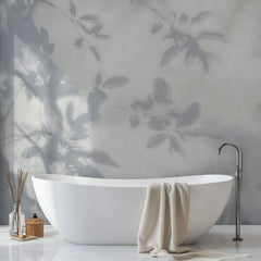 Tapet Personalizat Leaf cu umbre de frunze pe perete alb texturat - LEAFY SILHOUETTE
