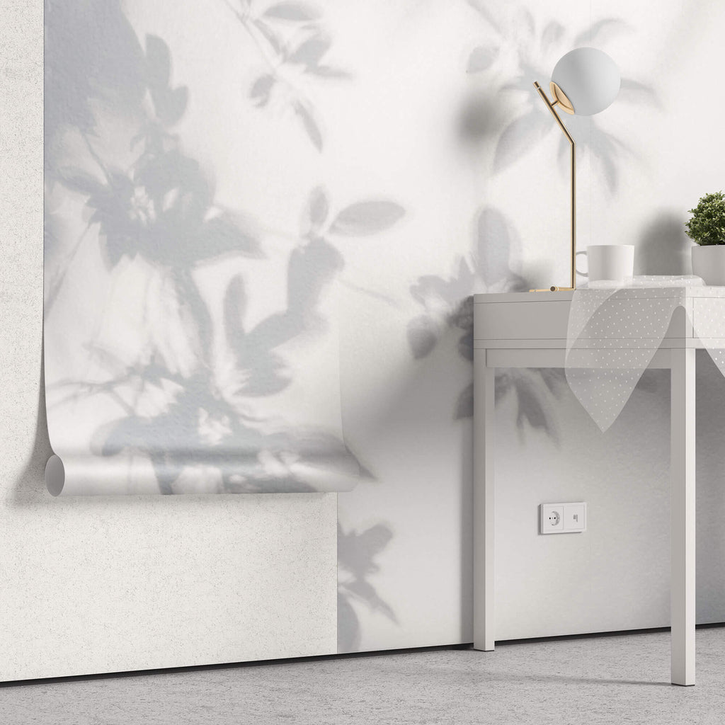 Tapet Personalizat Leaf cu umbre de frunze pe perete alb texturat - LEAFY SILHOUETTE
