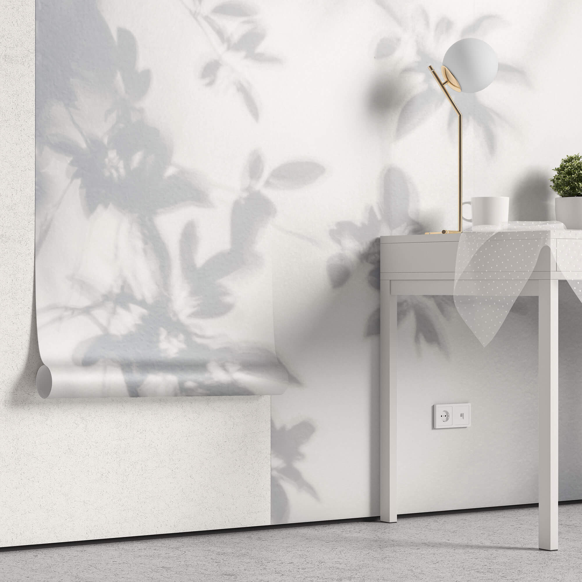 Tapet Personalizat Leaf cu umbre de frunze pe perete alb texturat - LEAFY SILHOUETTE