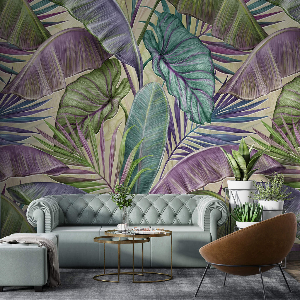 Tapet Personalizat Leaf cu frunze tropicale in nuante de verde si mov - PURPLE EXOTIC