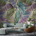 Tapet Personalizat Leaf cu frunze tropicale in nuante de verde si mov - PURPLE EXOTIC