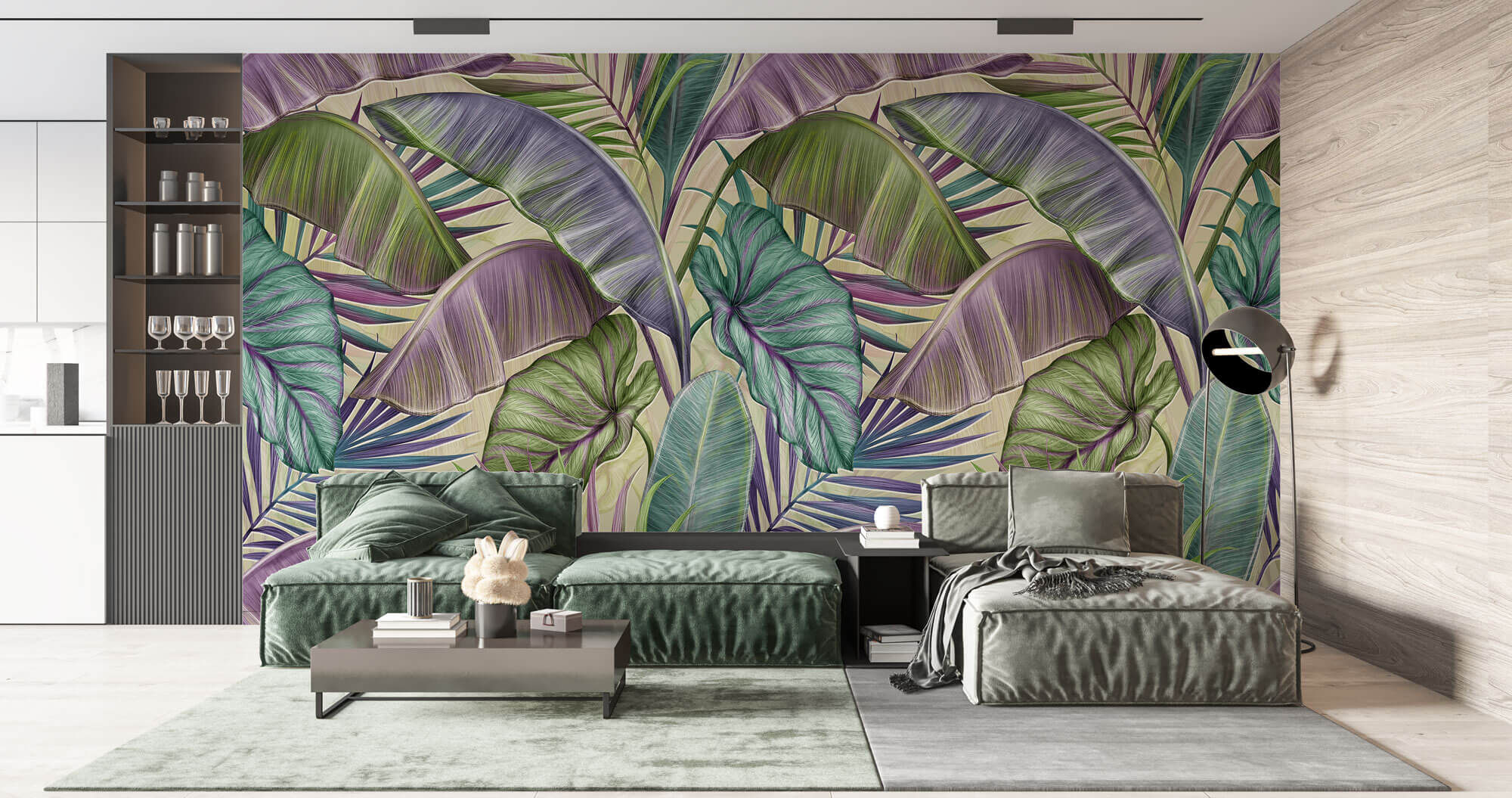 Tapet Personalizat Leaf cu frunze tropicale in nuante de verde si mov - PURPLE EXOTIC