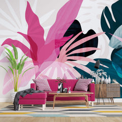 Tapet Personalizat Leaf cu frunze exotice roz si albastre - PINK BEFORE BLUE