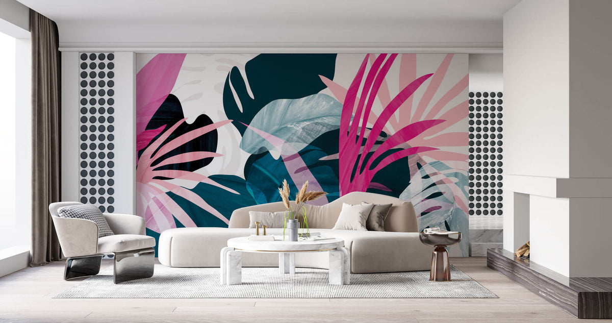 Tapet Personalizat Leaf cu frunze exotice roz si albastre - PINK BEFORE BLUE