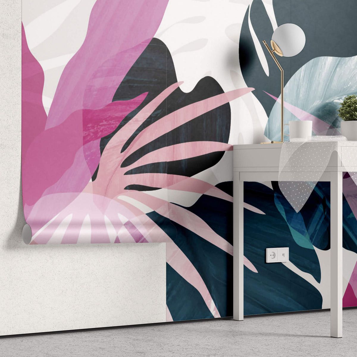 Tapet Personalizat Leaf cu frunze exotice roz si albastre - PINK BEFORE BLUE