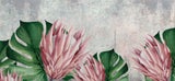Tapet Personalizat Leaf cu flori de protea si frunze de monstera cu textura de stucco - PROTEA FLOWER