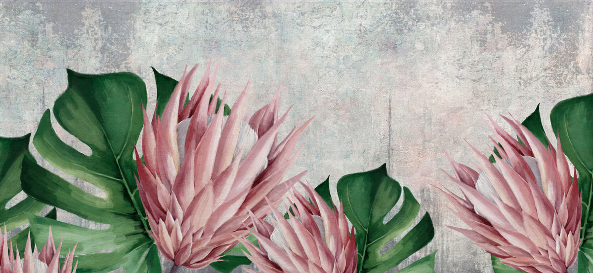 Tapet Personalizat Leaf cu flori de protea si frunze de monstera cu textura de stucco - PROTEA FLOWER