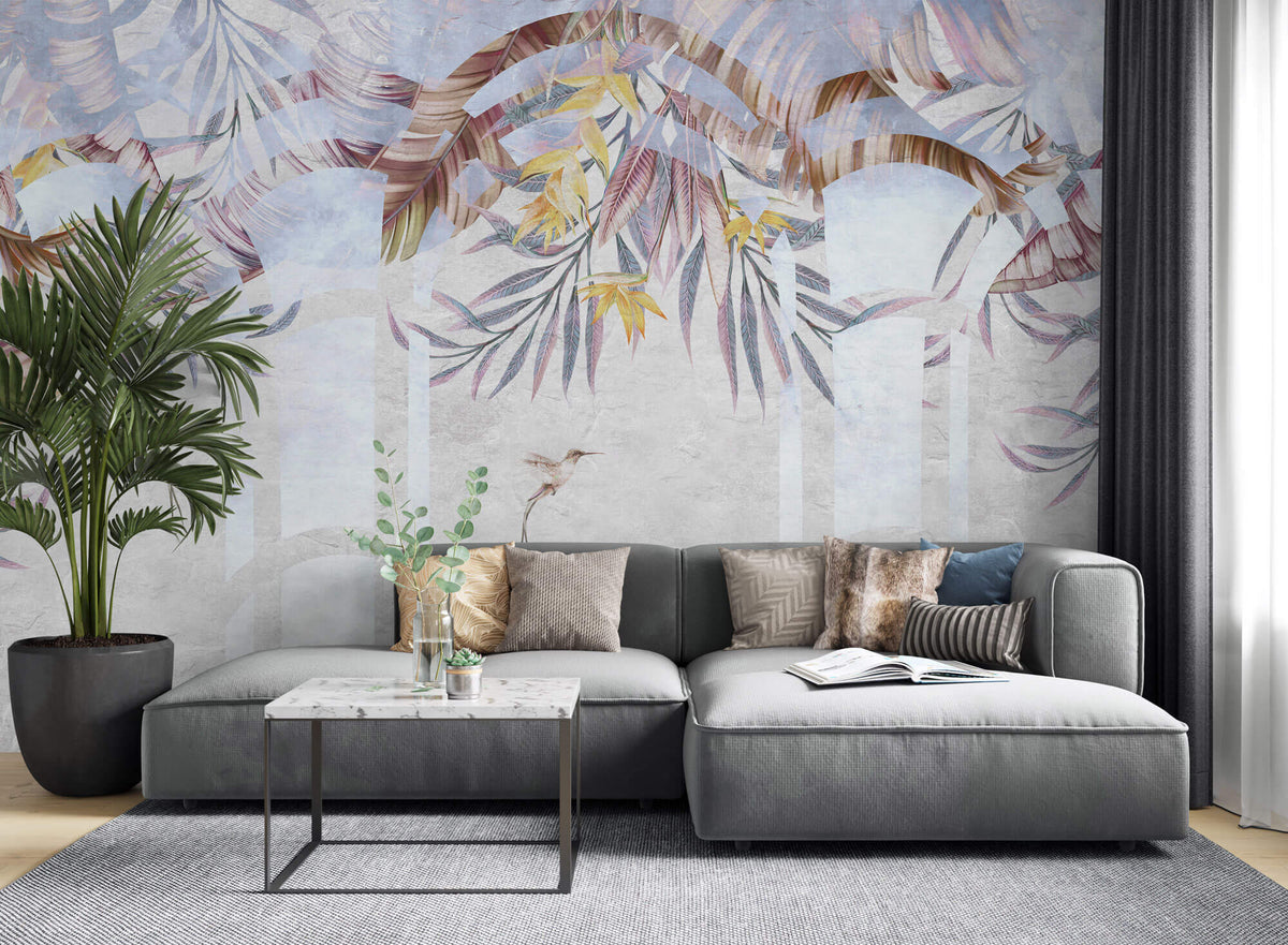 Tapet Personalizat Leaf cu ilustratie florala in arcade texturate - TROPICAL ARCHES