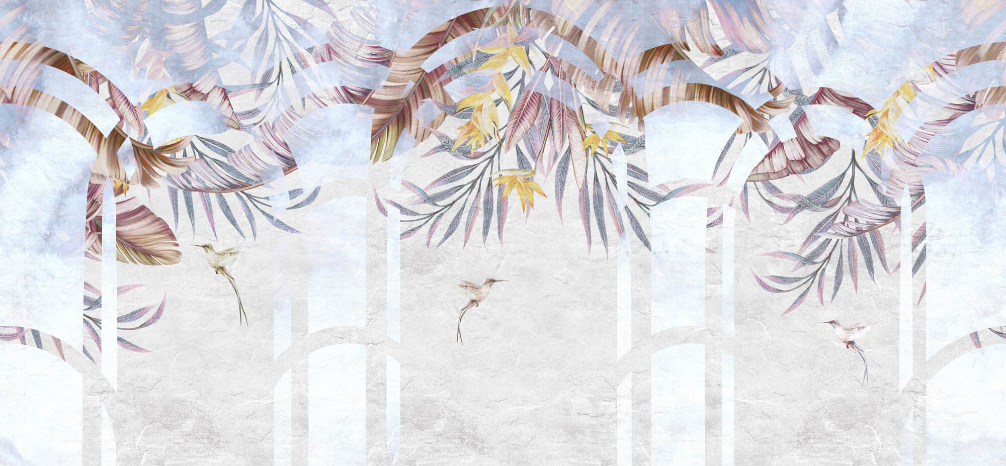 Tapet Personalizat Leaf cu ilustratie florala in arcade texturate - TROPICAL ARCHES