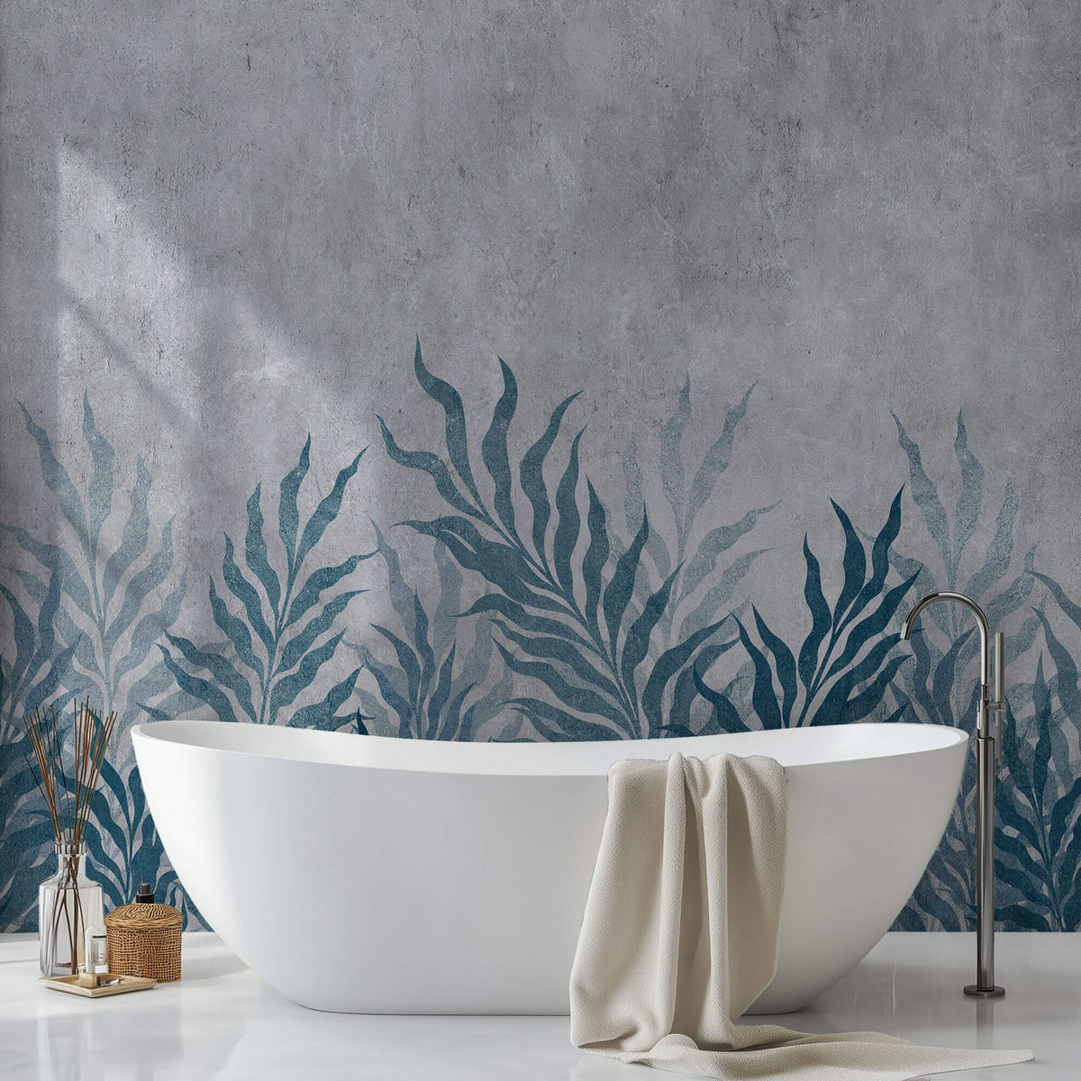 Tapet Personalizat Leaf cu frunze oundulate albastre pe fundal cimentat - CURLY LEAVES