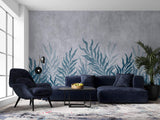 Tapet Personalizat Leaf cu frunze oundulate albastre pe fundal cimentat - CURLY LEAVES