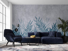 Tapet Personalizat Leaf cu frunze oundulate albastre pe fundal cimentat - CURLY LEAVES