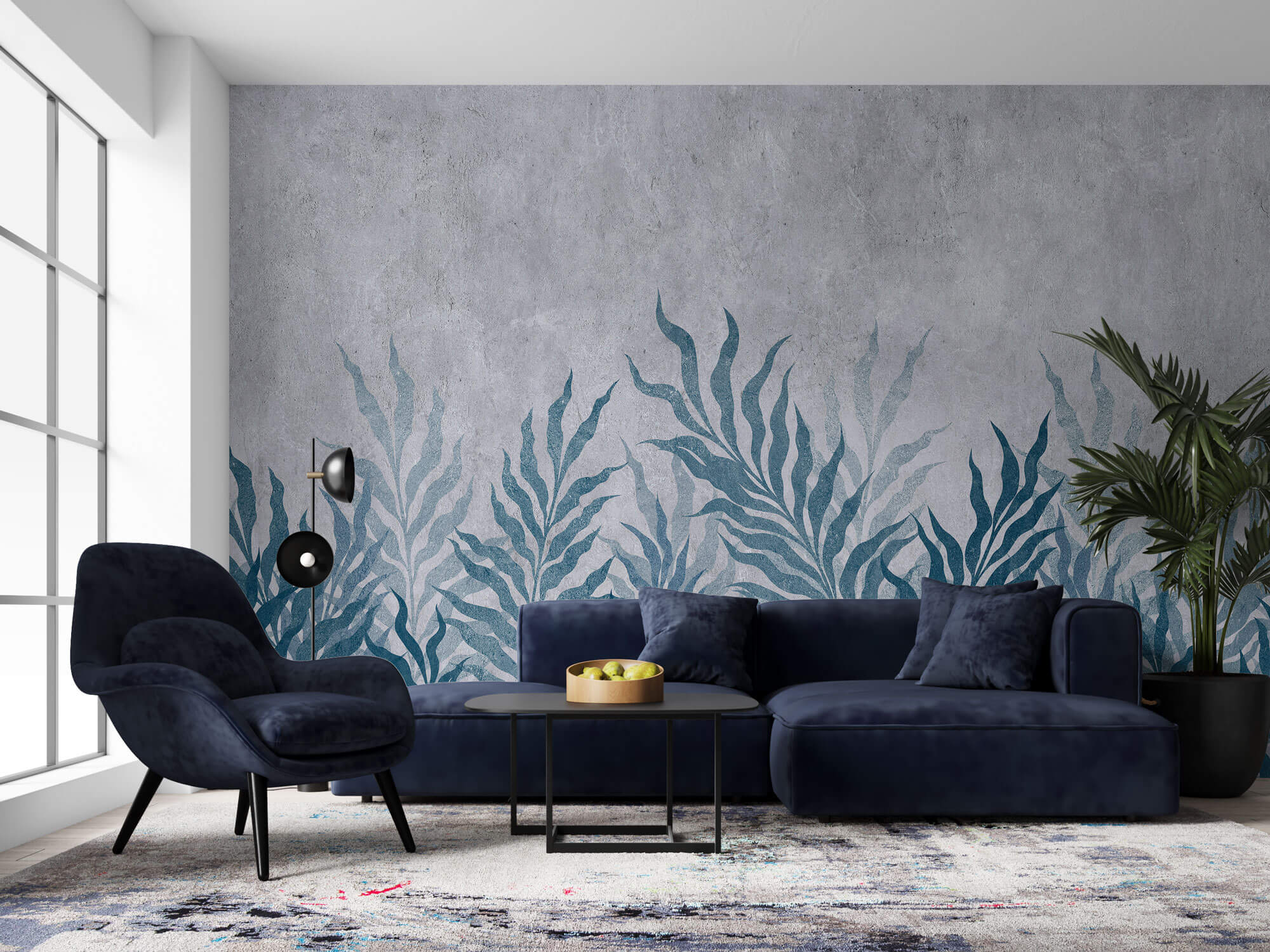 Tapet Personalizat Leaf cu frunze oundulate albastre pe fundal cimentat - CURLY LEAVES