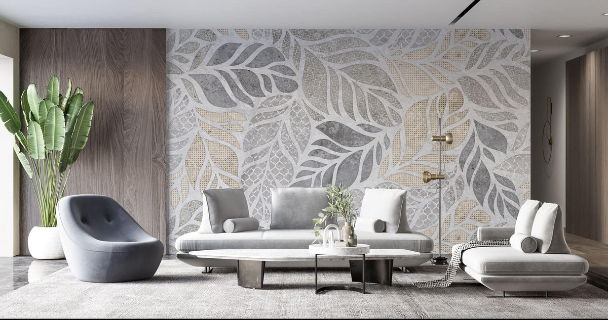 Tapet Personalizat Leaf cu forme de frunze si texturi mixte in nuante de bej si gri - SEE THROUGH TEXTURE