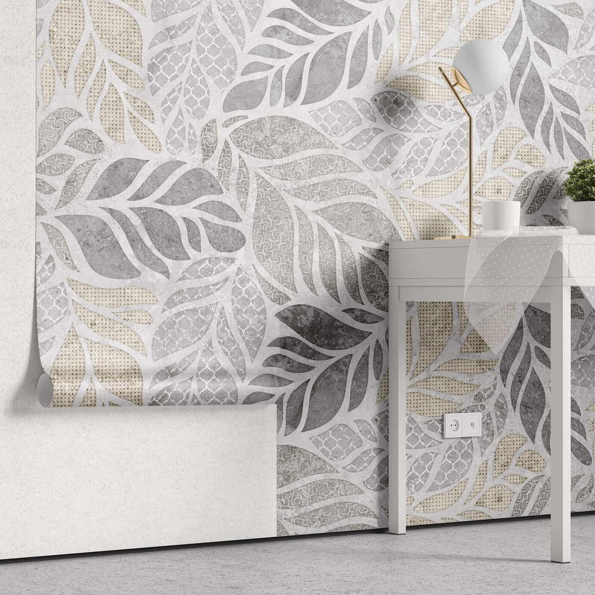 Tapet Personalizat Leaf cu forme de frunze si texturi mixte in nuante de bej si gri - SEE THROUGH TEXTURE