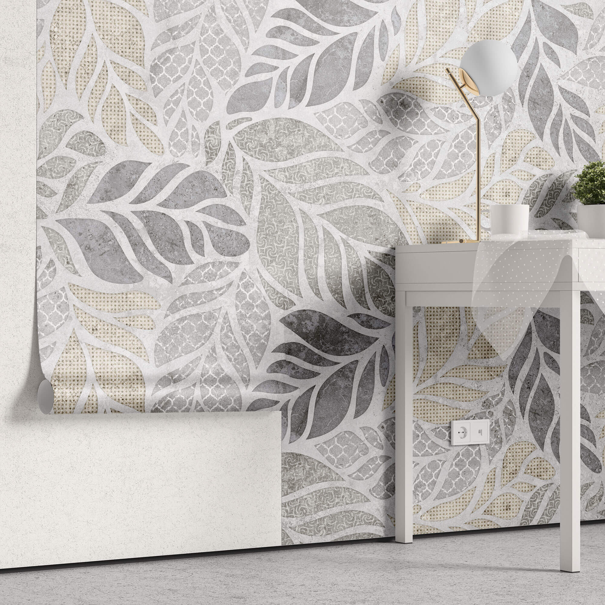 Tapet Personalizat Leaf cu forme de frunze si texturi mixte in nuante de bej si gri - SEE THROUGH TEXTURE