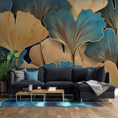 Tapet Personalizat Leaf cu frunze de ginkgo aurii si albastre - GOLDEN BLUE GINGKO