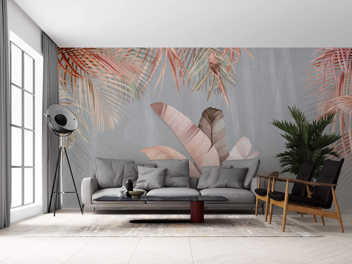 Tapet Personalizat Leaf cu frunze de palmier roz si fundal gri - PINK FEATHER LEAF