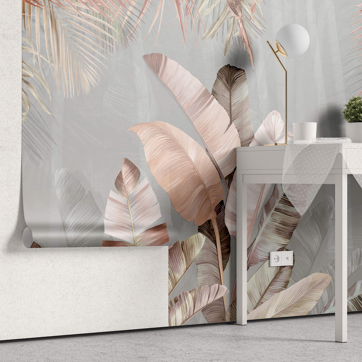 Tapet Personalizat Leaf cu frunze de palmier roz si fundal gri - PINK FEATHER LEAF