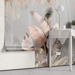 Tapet Personalizat Leaf cu frunze de palmier roz si fundal gri - PINK FEATHER LEAF