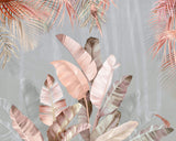 Tapet Personalizat Leaf cu frunze de palmier roz si fundal gri - PINK FEATHER LEAF