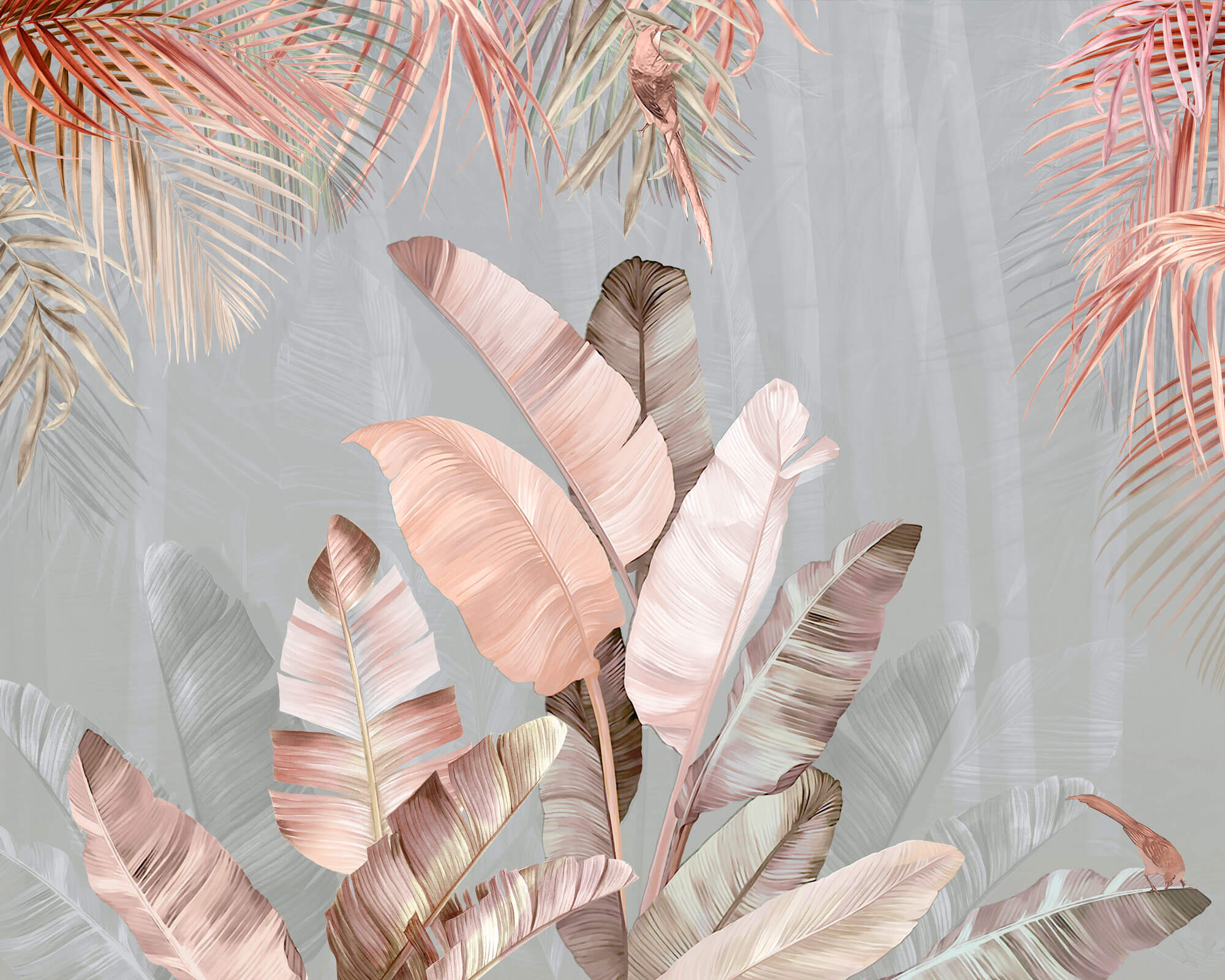 Tapet Personalizat Leaf cu frunze de palmier roz si fundal gri - PINK FEATHER LEAF