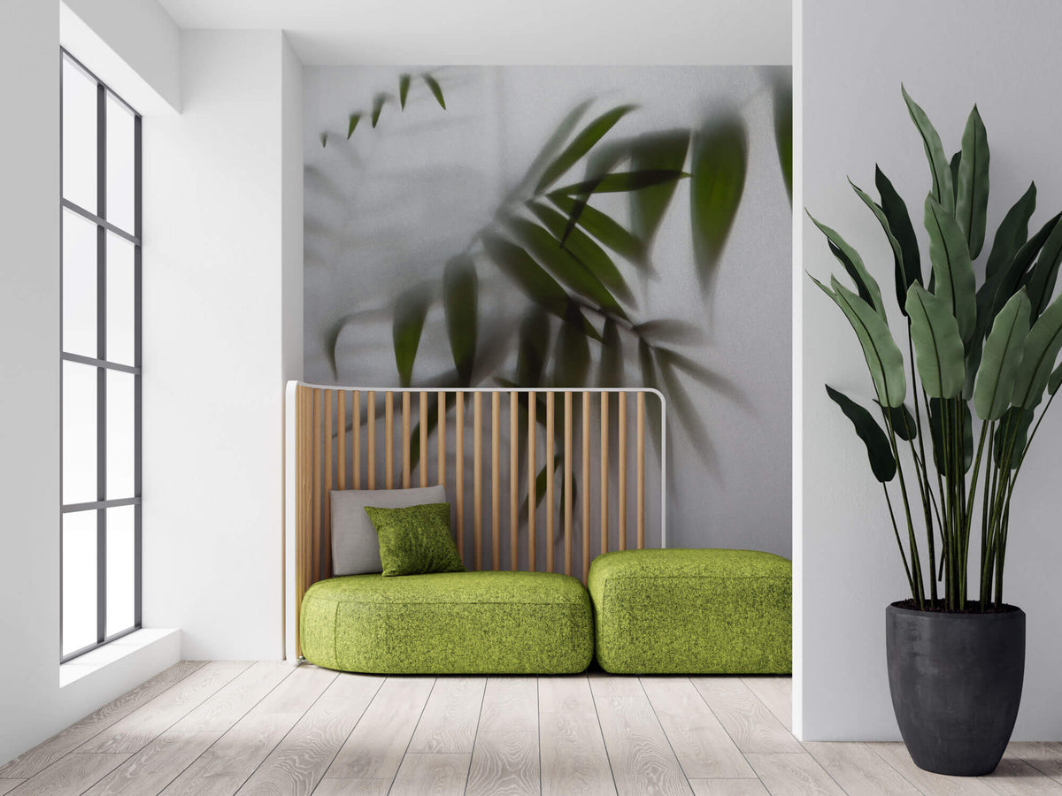 Tapet Personalizat Leaf cu frunze de palmier in spatele perdelei - BEHIND THE DRAPES