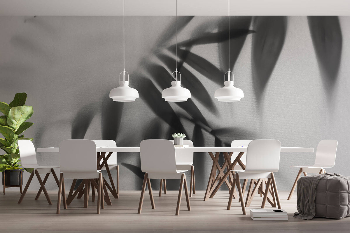 Tapet Personalizat Leaf cu frunze de palmier in spatele perdelei alb negru - BLACK LEAVES ELEGANCE