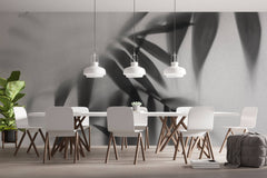 Tapet Personalizat Leaf cu frunze de palmier in spatele perdelei alb negru - BLACK LEAVES ELEGANCE